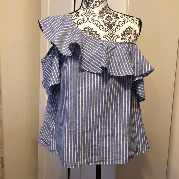 Madewell ❤️ Blue and White Striped One-Shoulder Top - Picture 1 of 7